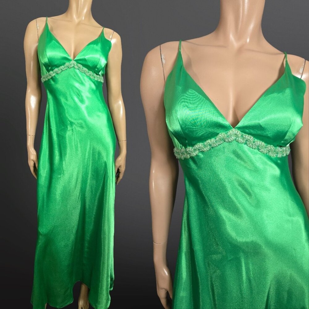 Y2K Zum Zum Niki Livas Green Beaded Satin Maxi Slip Dress Gown Size 9/10